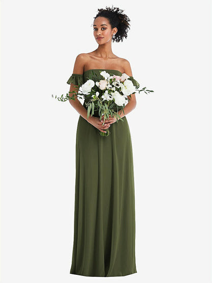 【STYLE: TH046】Off-the-Shoulder Ruffle Cuff Sleeve Chiffon Maxi Dress【COLOR: Olive Green】