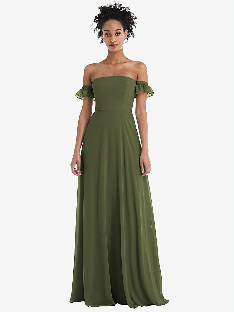 【STYLE: TH046】Off-the-Shoulder Ruffle Cuff Sleeve Chiffon Maxi Dress【COLOR: Olive Green】
