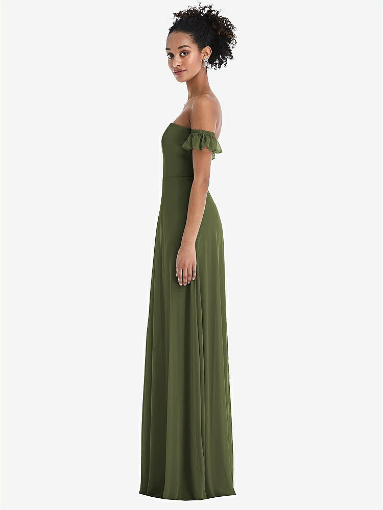 【STYLE: TH046】Off-the-Shoulder Ruffle Cuff Sleeve Chiffon Maxi Dress【COLOR: Olive Green】