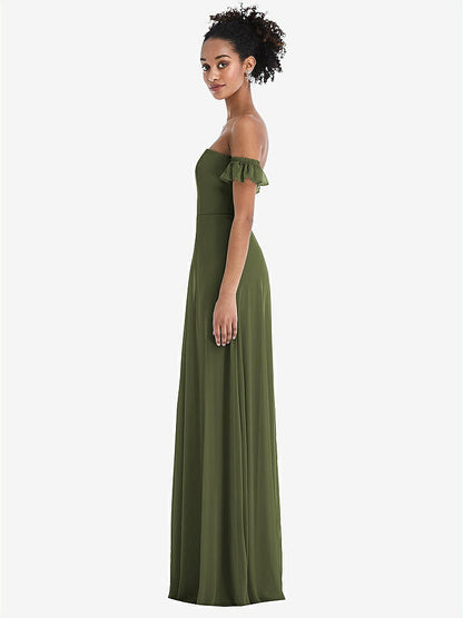 【STYLE: TH046】Off-the-Shoulder Ruffle Cuff Sleeve Chiffon Maxi Dress【COLOR: Olive Green】