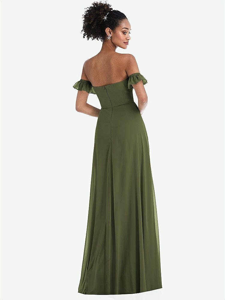 【STYLE: TH046】Off-the-Shoulder Ruffle Cuff Sleeve Chiffon Maxi Dress【COLOR: Olive Green】