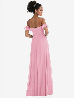 【NEW】【STYLE: TH046】オフショルダー フリル カフ 袖 シフォン マキシ ドレス【COLOR: Peony Pink】【SIZE: 00-30W】