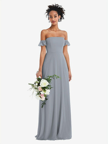 【STYLE: TH046】Off-the-Shoulder Ruffle Cuff Sleeve Chiffon Maxi Dress【COLOR: Platinum】