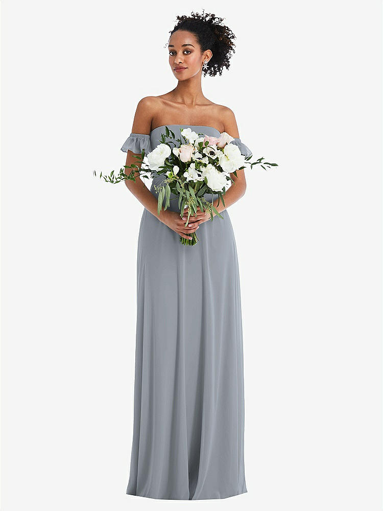 【STYLE: TH046】Off-the-Shoulder Ruffle Cuff Sleeve Chiffon Maxi Dress【COLOR: Platinum】