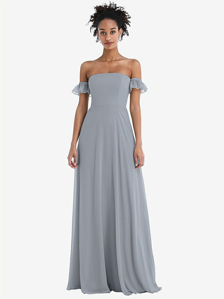 【STYLE: TH046】Off-the-Shoulder Ruffle Cuff Sleeve Chiffon Maxi Dress【COLOR: Platinum】