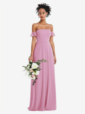 【NEW】【STYLE: TH046】オフショルダー フリル カフ 袖 シフォン マキシ ドレス【COLOR: Powder Pink】【SIZE: 00-30W】