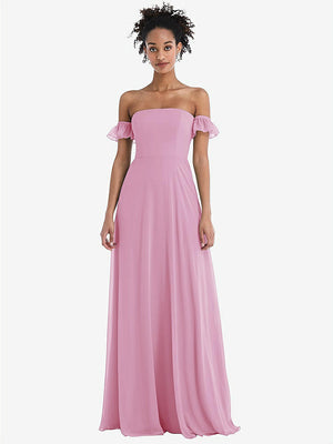 【NEW】【STYLE: TH046】オフショルダー フリル カフ 袖 シフォン マキシ ドレス【COLOR: Powder Pink】【SIZE: 00-30W】