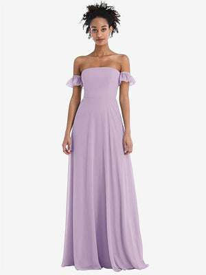 【NEW】【STYLE: TH046】オフショルダー フリル カフ 袖 シフォン マキシ ドレス【COLOR: Pale Purple】【SIZE: 00-30W】