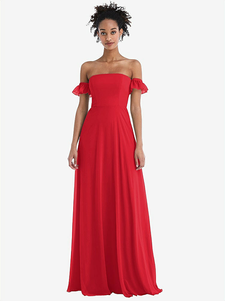 【STYLE: TH046】Off-the-Shoulder Ruffle Cuff Sleeve Chiffon Maxi Dress【COLOR: Parisian Red】