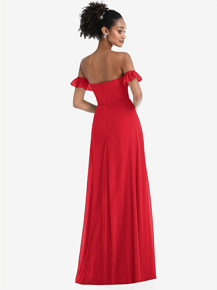 【STYLE: TH046】Off-the-Shoulder Ruffle Cuff Sleeve Chiffon Maxi Dress【COLOR: Parisian Red】