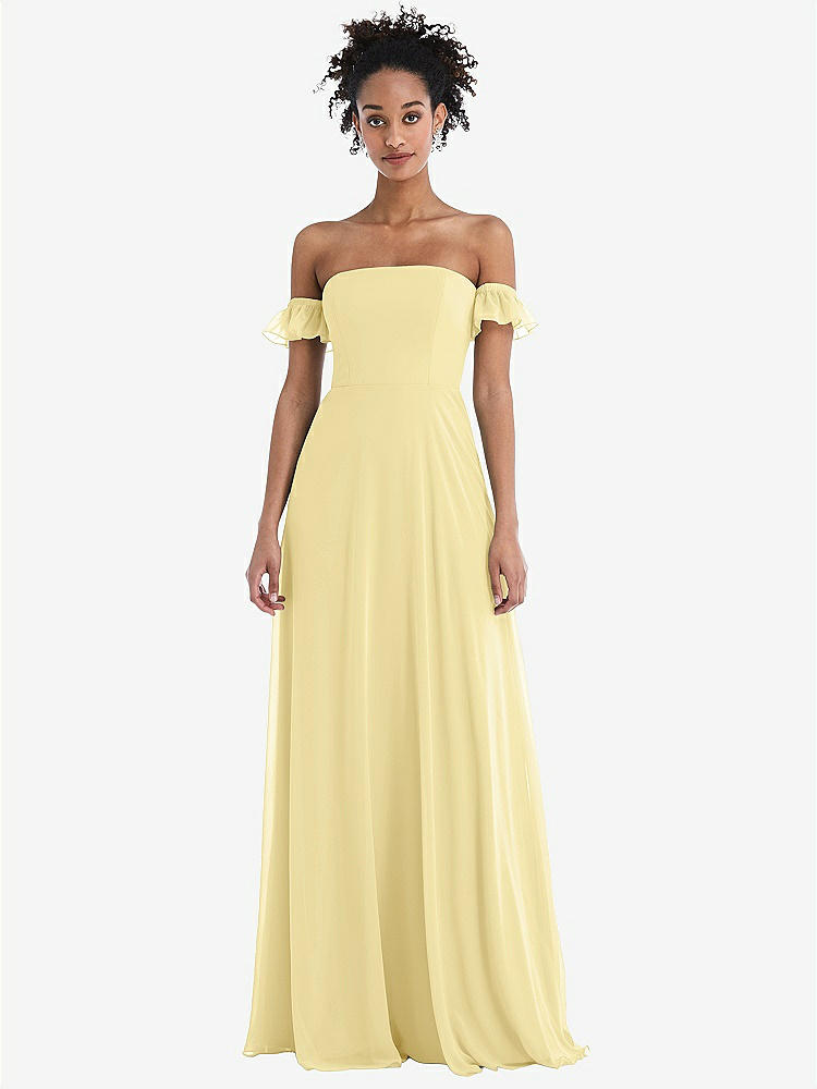 【NEW】【STYLE: TH046】オフショルダー フリル カフ 袖 シフォン マキシ ドレス【COLOR: Pale Yellow】【SIZE: 00-30W】