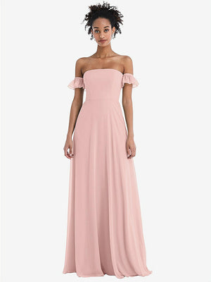 【NEW】【STYLE: TH046】オフショルダー フリル カフ 袖 シフォン マキシ ドレス【COLOR: Rose - PANTONE Rose Quartz】【SIZE: 00-30W】