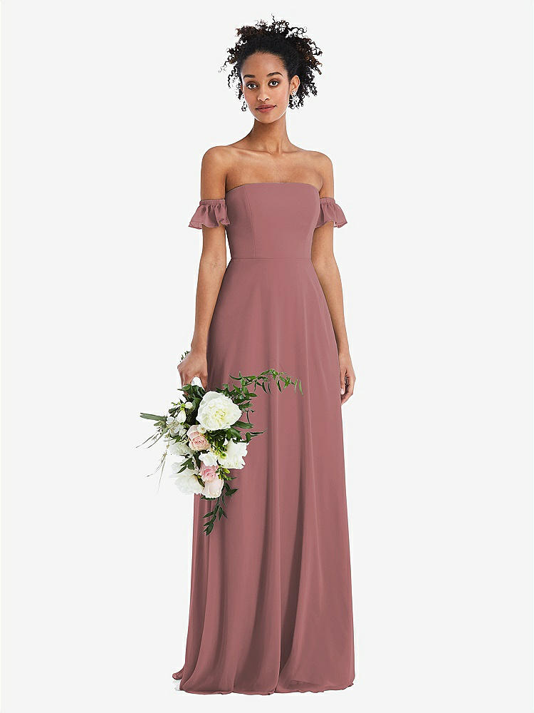 【STYLE: TH046】Off-the-Shoulder Ruffle Cuff Sleeve Chiffon Maxi Dress【COLOR: Rosewood】