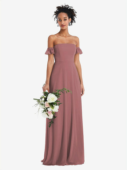 【STYLE: TH046】Off-the-Shoulder Ruffle Cuff Sleeve Chiffon Maxi Dress【COLOR: Rosewood】