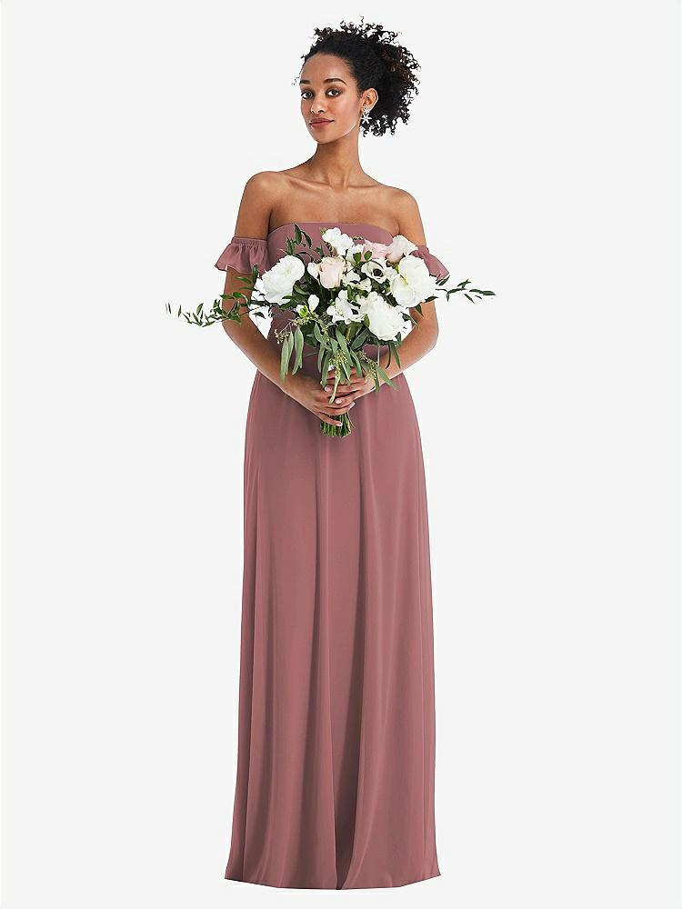 【STYLE: TH046】Off-the-Shoulder Ruffle Cuff Sleeve Chiffon Maxi Dress【COLOR: Rosewood】