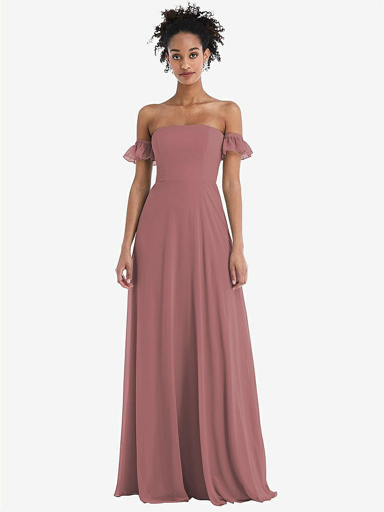 【STYLE: TH046】Off-the-Shoulder Ruffle Cuff Sleeve Chiffon Maxi Dress【COLOR: Rosewood】