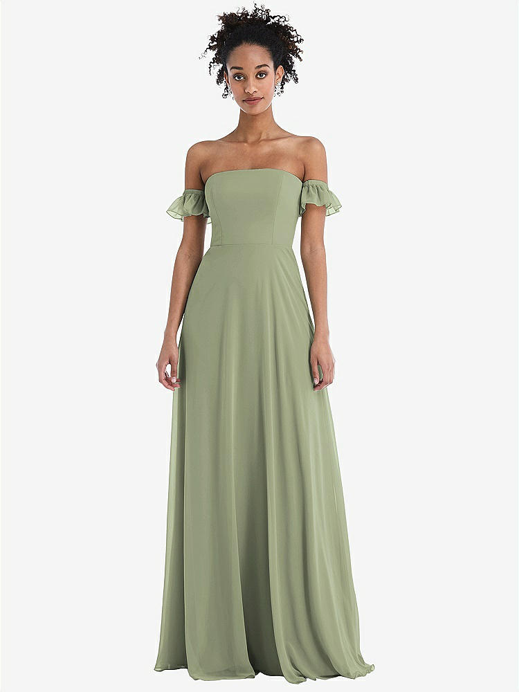 【STYLE: TH046】Off-the-Shoulder Ruffle Cuff Sleeve Chiffon Maxi Dress【COLOR: Sage】