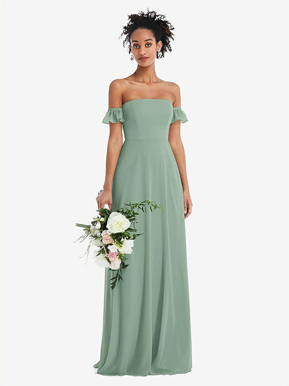 【STYLE: TH046】Off-the-Shoulder Ruffle Cuff Sleeve Chiffon Maxi Dress【COLOR: Seagrass】