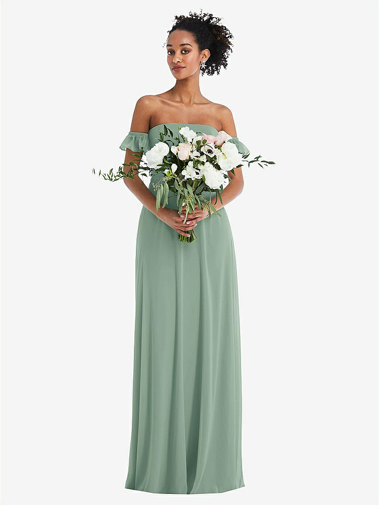 【STYLE: TH046】Off-the-Shoulder Ruffle Cuff Sleeve Chiffon Maxi Dress【COLOR: Seagrass】