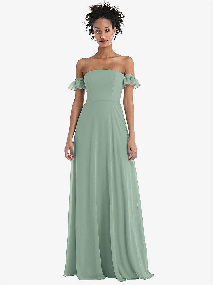 【STYLE: TH046】Off-the-Shoulder Ruffle Cuff Sleeve Chiffon Maxi Dress【COLOR: Seagrass】
