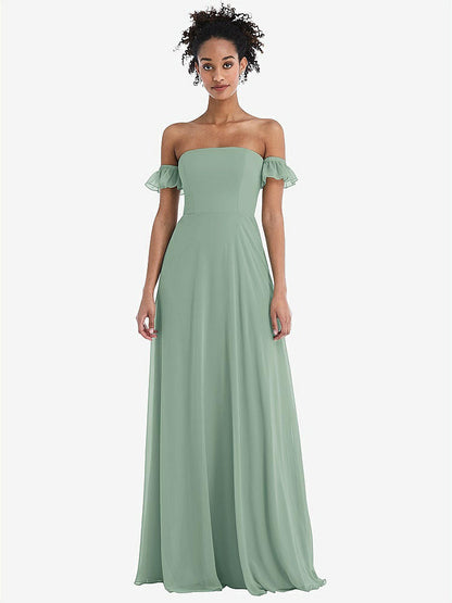 【STYLE: TH046】Off-the-Shoulder Ruffle Cuff Sleeve Chiffon Maxi Dress【COLOR: Seagrass】
