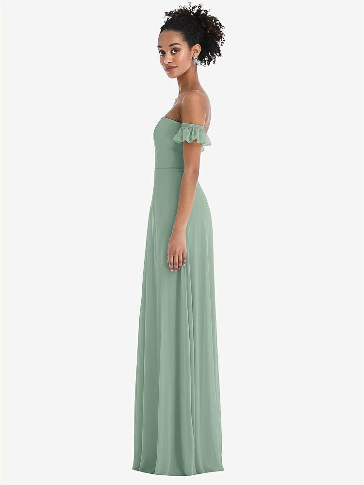 【STYLE: TH046】Off-the-Shoulder Ruffle Cuff Sleeve Chiffon Maxi Dress【COLOR: Seagrass】