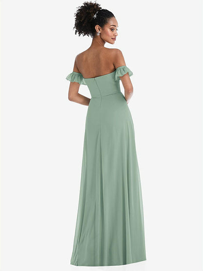 【STYLE: TH046】Off-the-Shoulder Ruffle Cuff Sleeve Chiffon Maxi Dress【COLOR: Seagrass】