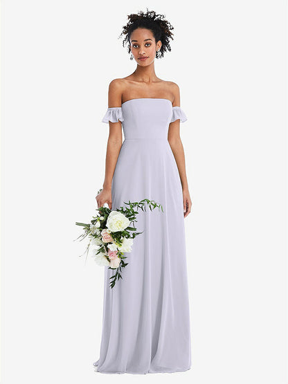 【STYLE: TH046】Off-the-Shoulder Ruffle Cuff Sleeve Chiffon Maxi Dress【COLOR: Silver Dove】