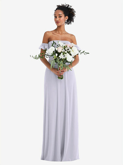 【STYLE: TH046】Off-the-Shoulder Ruffle Cuff Sleeve Chiffon Maxi Dress【COLOR: Silver Dove】