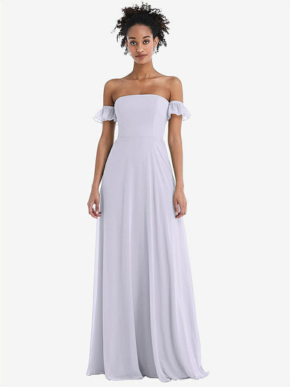 【STYLE: TH046】Off-the-Shoulder Ruffle Cuff Sleeve Chiffon Maxi Dress【COLOR: Silver Dove】