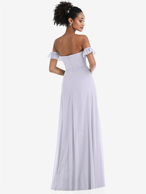 【NEW】【STYLE: TH046】オフショルダー フリル カフ 袖 シフォン マキシ ドレス【COLOR: Silver Dove】【SIZE: 00-30W】