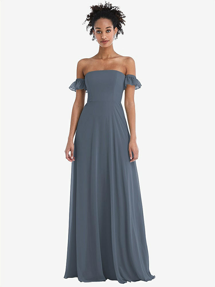 【STYLE: TH046】Off-the-Shoulder Ruffle Cuff Sleeve Chiffon Maxi Dress【COLOR: Silverstone】