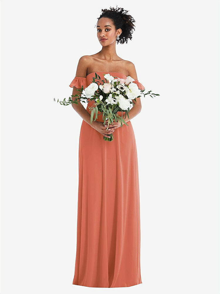 【STYLE: TH046】Off-the-Shoulder Ruffle Cuff Sleeve Chiffon Maxi Dress【COLOR: Terracotta Copper】