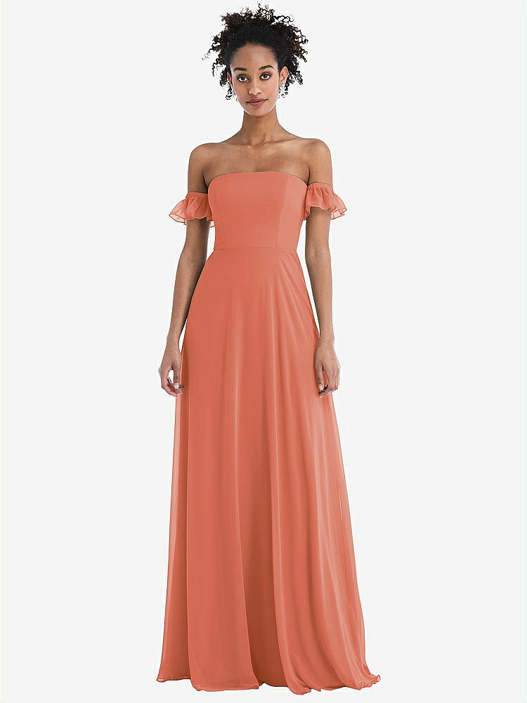 【STYLE: TH046】Off-the-Shoulder Ruffle Cuff Sleeve Chiffon Maxi Dress【COLOR: Terracotta Copper】