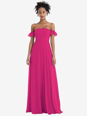 【NEW】【STYLE: TH046】オフショルダー フリル カフ 袖 シフォン マキシ ドレス【COLOR: Think Pink】【SIZE: 00-30W】