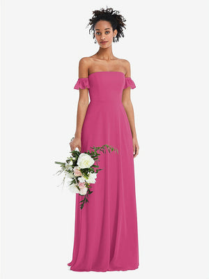 【NEW】【STYLE: TH046】オフショルダー フリル カフ 袖 シフォン マキシ ドレス【COLOR: Tea Rose】【SIZE: 00-30W】