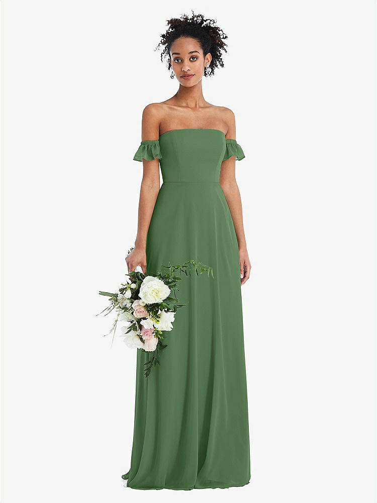 【STYLE: TH046】Off-the-Shoulder Ruffle Cuff Sleeve Chiffon Maxi Dress【COLOR: Vineyard Green】