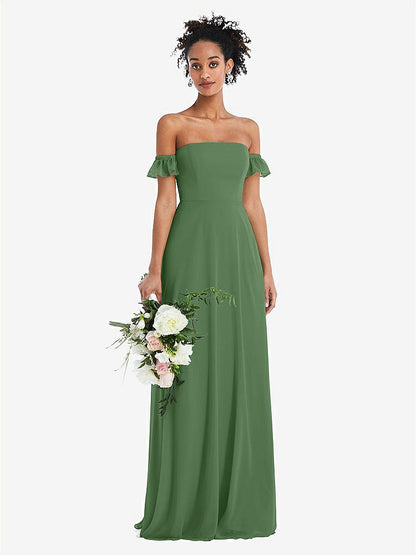 【STYLE: TH046】Off-the-Shoulder Ruffle Cuff Sleeve Chiffon Maxi Dress【COLOR: Vineyard Green】