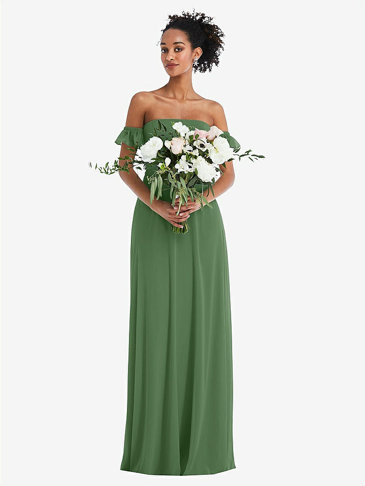 【STYLE: TH046】Off-the-Shoulder Ruffle Cuff Sleeve Chiffon Maxi Dress【COLOR: Vineyard Green】