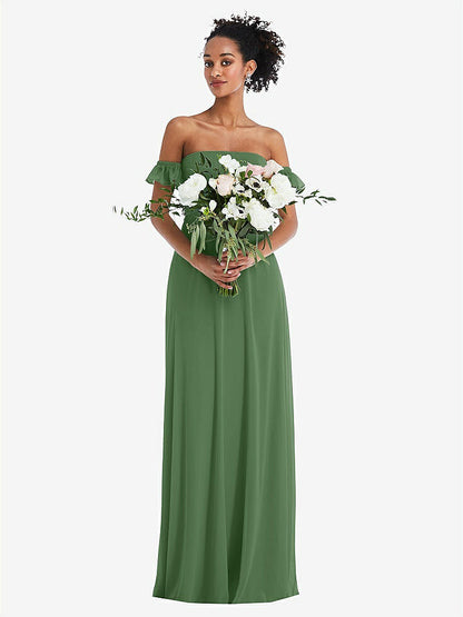 【STYLE: TH046】Off-the-Shoulder Ruffle Cuff Sleeve Chiffon Maxi Dress【COLOR: Vineyard Green】