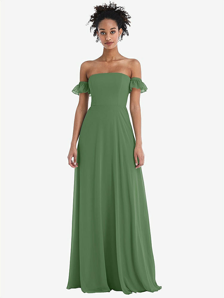 【STYLE: TH046】Off-the-Shoulder Ruffle Cuff Sleeve Chiffon Maxi Dress【COLOR: Vineyard Green】
