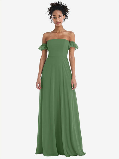 【STYLE: TH046】Off-the-Shoulder Ruffle Cuff Sleeve Chiffon Maxi Dress【COLOR: Vineyard Green】