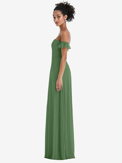 【STYLE: TH046】Off-the-Shoulder Ruffle Cuff Sleeve Chiffon Maxi Dress【COLOR: Vineyard Green】