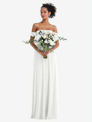 【NEW】【STYLE: TH046】オフショルダー フリル カフ 袖 シフォン マキシ ドレス【COLOR: White】【SIZE: 00-30W】