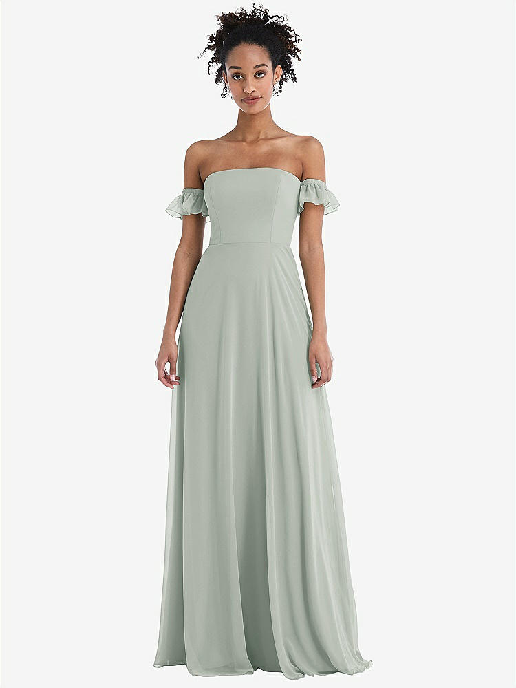 【STYLE: TH046】Off-the-Shoulder Ruffle Cuff Sleeve Chiffon Maxi Dress【COLOR: Willow Green】