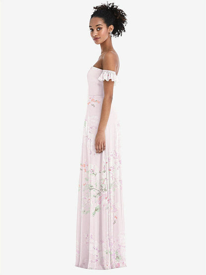 【STYLE: TH046】Off-the-Shoulder Ruffle Cuff Sleeve Chiffon Maxi Dress【COLOR: Watercolor Print】