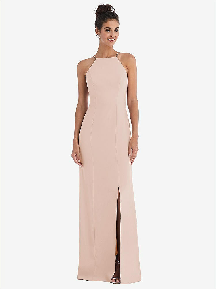 【NEW】【STYLE: TH047】オープンバック ハイネック ホルター トランペット ガウン【COLOR: Cameo】【SIZE: 00-30W】