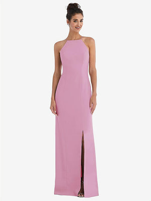 【STYLE: TH047】Open-Back High-Neck Halter Trumpet Gown【COLOR: Powder Pink】