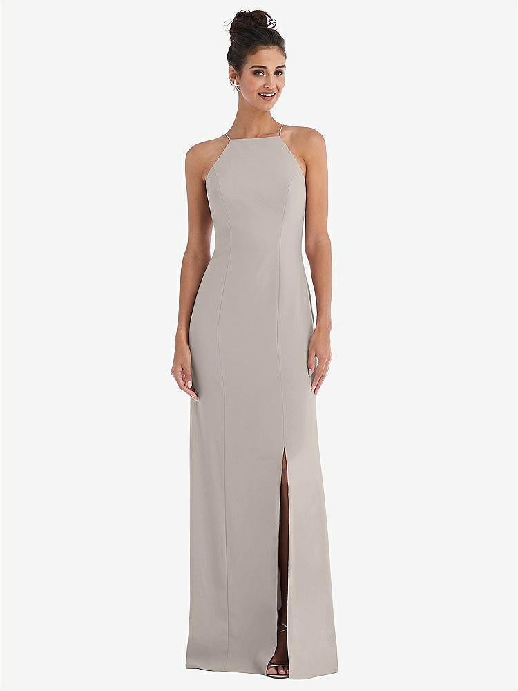 【NEW】【STYLE: TH047】オープンバック ハイネック ホルター トランペット ガウン【COLOR: Taupe】【SIZE: 00-30W】