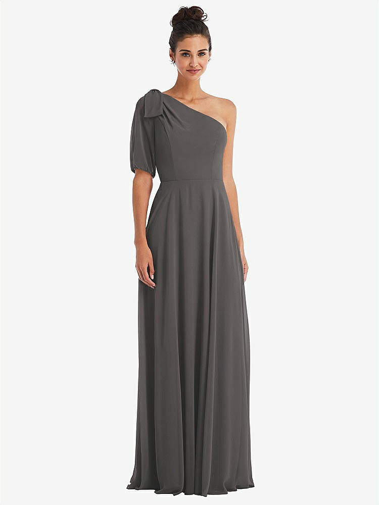 【STYLE: TH048】Bow One-Shoulder Flounce Sleeve Maxi Dress【COLOR: Caviar Gray】